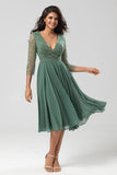 Keeper of My Heart A Line V-Neck Eucalyptus Mother Dress with Long Sleeves