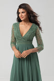 Keeper of My Heart A Line V-Neck Eucalyptus Mother Dress with Long Sleeves