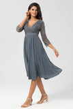 Keeper of My Heart A Line V-Neck Eucalyptus Mother Dress with Long Sleeves