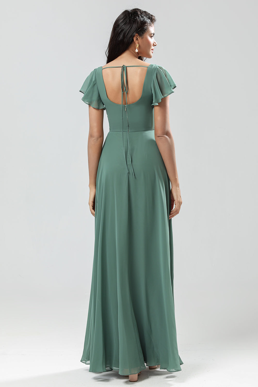 A-Line Green Long Bridesmaid Dress with Ruffles