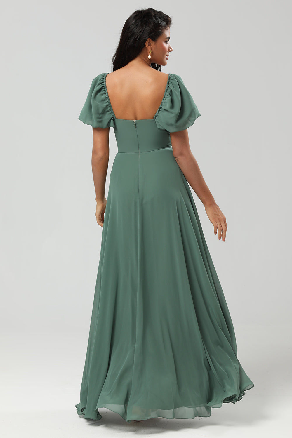 Chiffon Puff Sleeves A Line Green Bridesmaid Dress