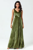 V-Neck Sleeveless A Line Olive Velvet Bridesmaid Dress with Slit