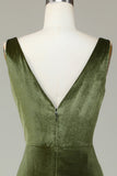V-Neck Sleeveless Olive Velvet Holiday Party Dress