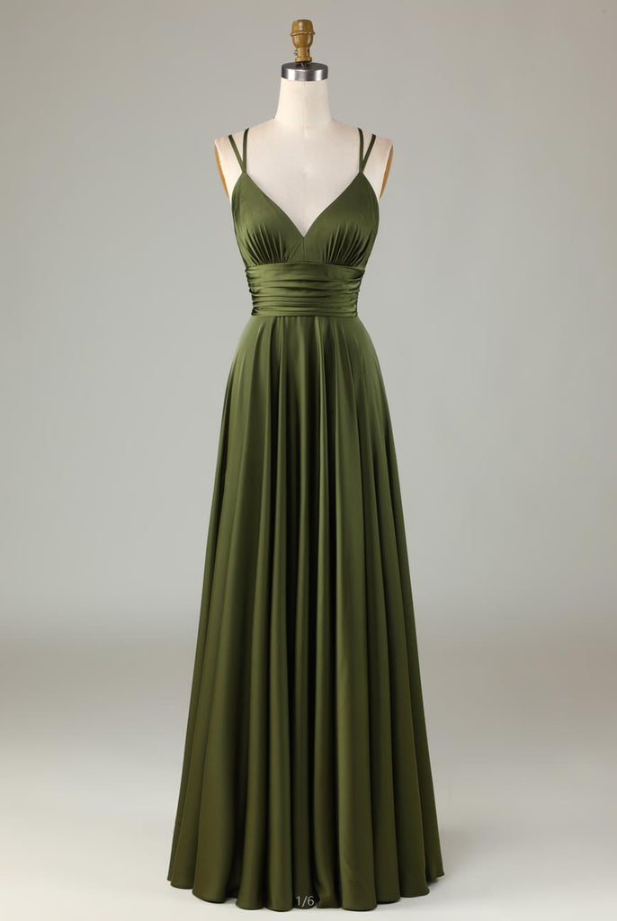 A-Line Sleeveless Olive Long Bridesmaid Dress