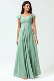 Lace-Up Back A Line Chiffon Green Bridesmaid Dress with Ruffles