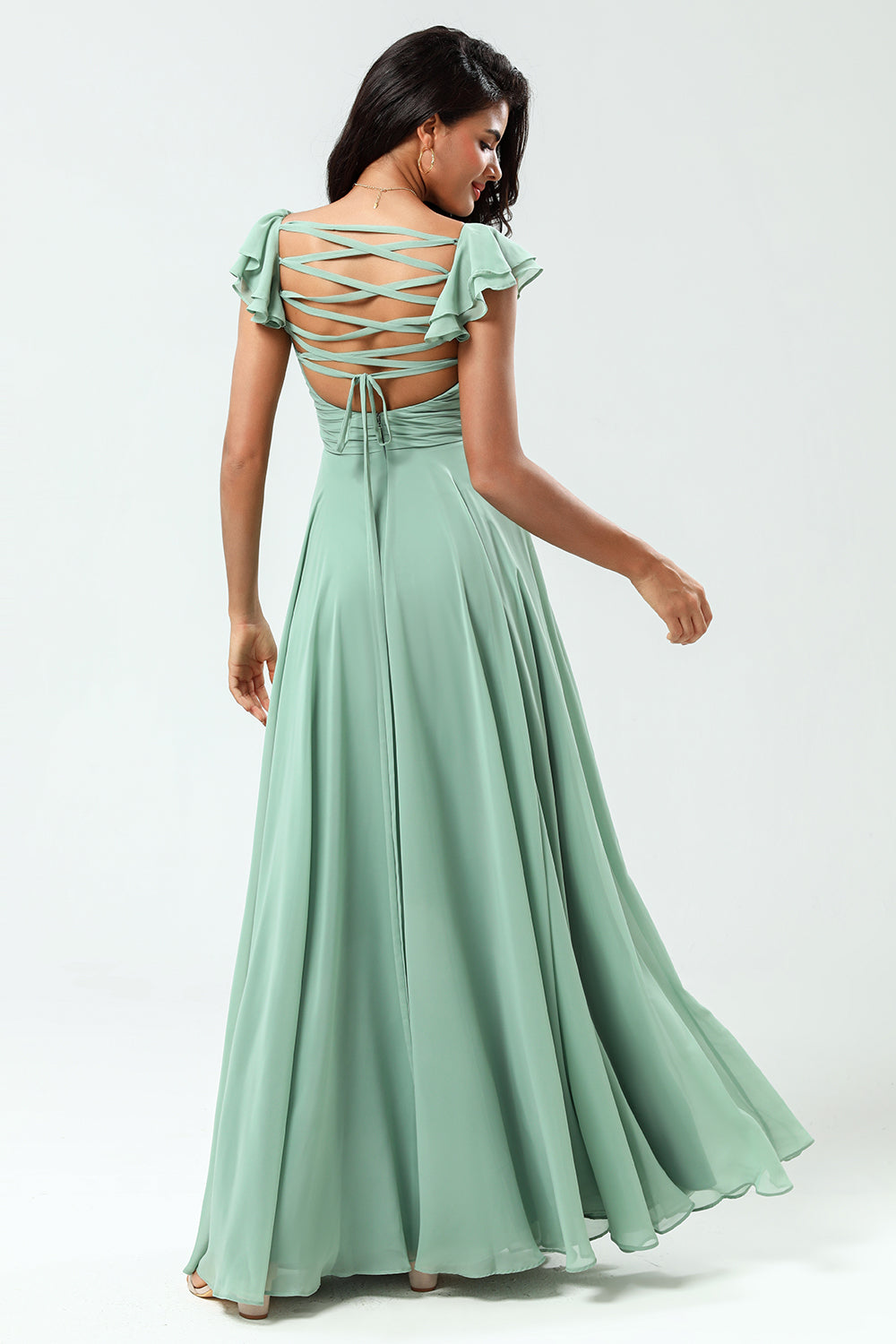 Lace-Up Back A Line Chiffon Green Bridesmaid Dress with Ruffles