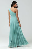 Stunning A Line One Shoulder Sea Glass Long Bridesmaid Dress with Ruched