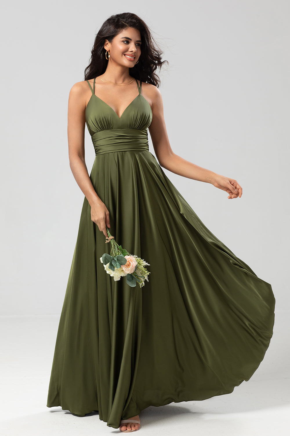 Grand Beauty A Line Spaghetti Straps Olive Long Bridesmaid Dress with Ruffles