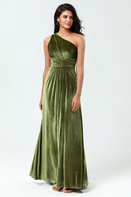Dreaming of Elegance A Line One Shoulder Olive Velvet Long Holiday Party Dress