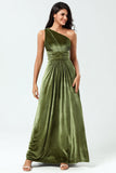 Dreaming of Elegance A Line One Shoulder Olive Velvet Long Holiday Party Dress
