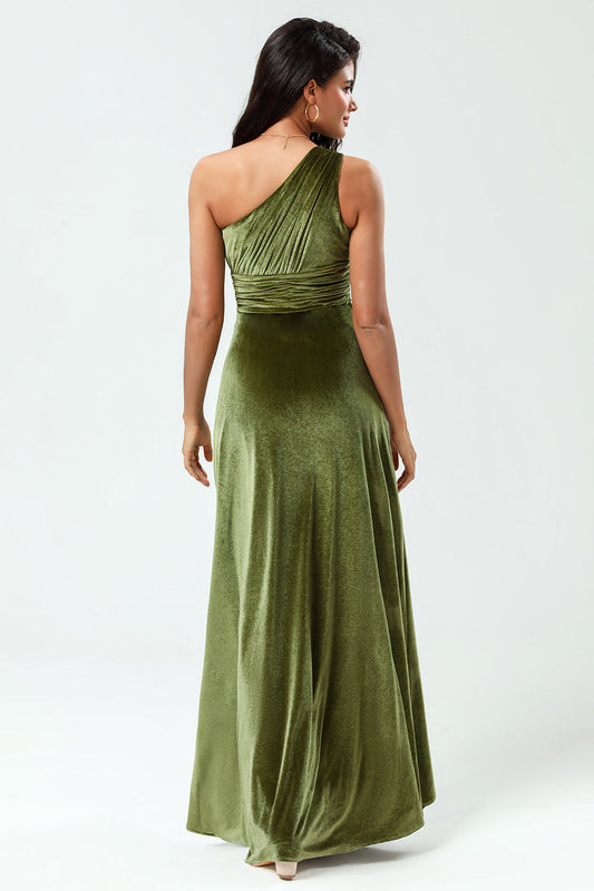 Dreaming of Elegance A Line One Shoulder Olive Velvet Long Holiday Party Dress