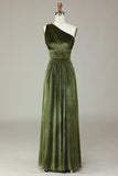 Dreaming of Elegance A Line One Shoulder Olive Velvet Long Holiday Party Dress
