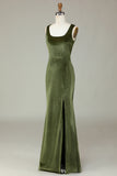 Velvet Mermaid Olive Holiday Party Dress with Slit