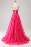 Fuchsia A-Line Corset Lace Long Prom Dress with Slit