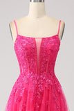 Fuchsia A-Line Corset Lace Long Prom Dress with Slit