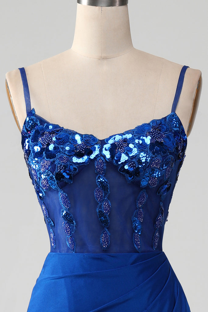 Light Blue Pearl Beaded Corset Satin Prom Dress with Slit VK26031519
