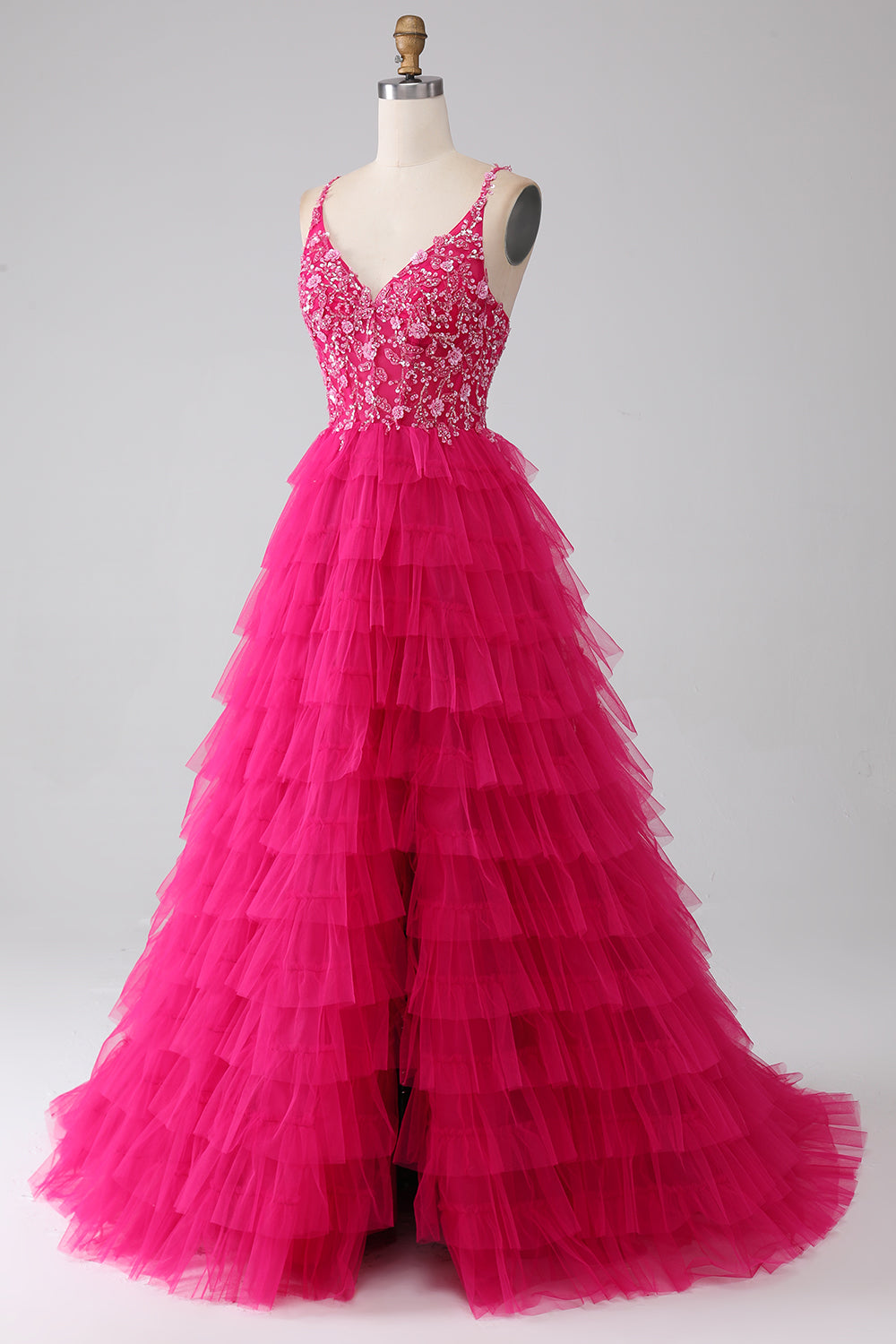 Fuchsia Princess A-Line Spaghetti Straps Sequin Tiered Long Prom Dress with Slit