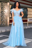 Gorgeous A Line Off the Shoulder Light Blue Corset Prom Dress with Feather