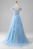 Light Blue A-Line Rhinestones Accents Corset Prom Dress With Appliques