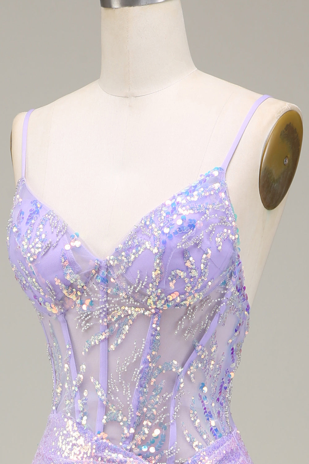 light purple corset dress Zapakasa Women Sparkly Light Purple Corset Prom Dress with Slit Mermaid Spaghetti Straps Beaded Party Dress