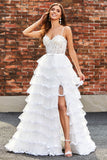 White A-Line Sparkly Sequin Ruffle Skirt Corset Tiered Prom Dress With Slit