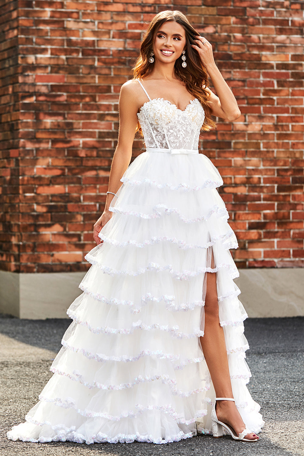 White A-Line Sparkly Sequin Ruffle Skirt Corset Tiered Prom Dress With Slit