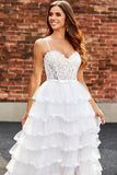 White A-Line Sparkly Sequin Ruffle Skirt Corset Tiered Prom Dress With Slit