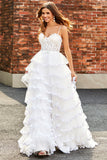 White A-Line Sparkly Sequin Ruffle Skirt Corset Tiered Prom Dress With Slit