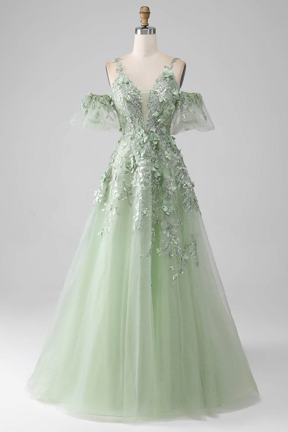 Zapakasa Women Sage Detachable Sleeves Long Corset Prom Dress with Flowers A-Line Spaghetti Straps Formal Dress Zapakasa Women Sage Detachable Sleeves Long Corset Prom Dress with Flowers A-Line Spaghetti Straps Formal Dress