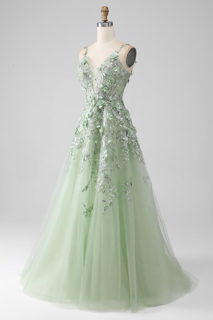 Sage A-Line Tiered Floral Floor-Length Prom Dress with Short Sleeves main image 0