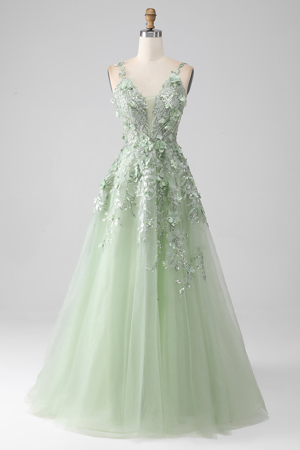 Zapaka Women Sage Detachable Sleeves Long Corset Prom Dress with Flowers A-Line Spaghetti Straps Formal Dress, Sage / US22W Zapaka Women Sage Detachable Sleeves Long Corset Prom Dress with Flowers A-Line Spaghetti Straps Formal Dress, Sage / US22W