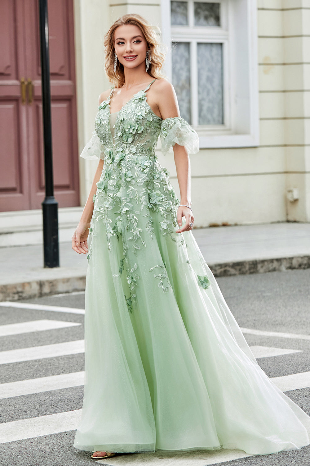 Zapakasa Women Green Removable Sleeves Tulle Prom Dress with Appliques A line Party Dress Zapakasa Women Green Removable Sleeves Tulle Prom Dress with Appliques A line Party Dress
