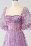 A-Line Square Neck Purple Corset Prom Dress with Half Sleeves