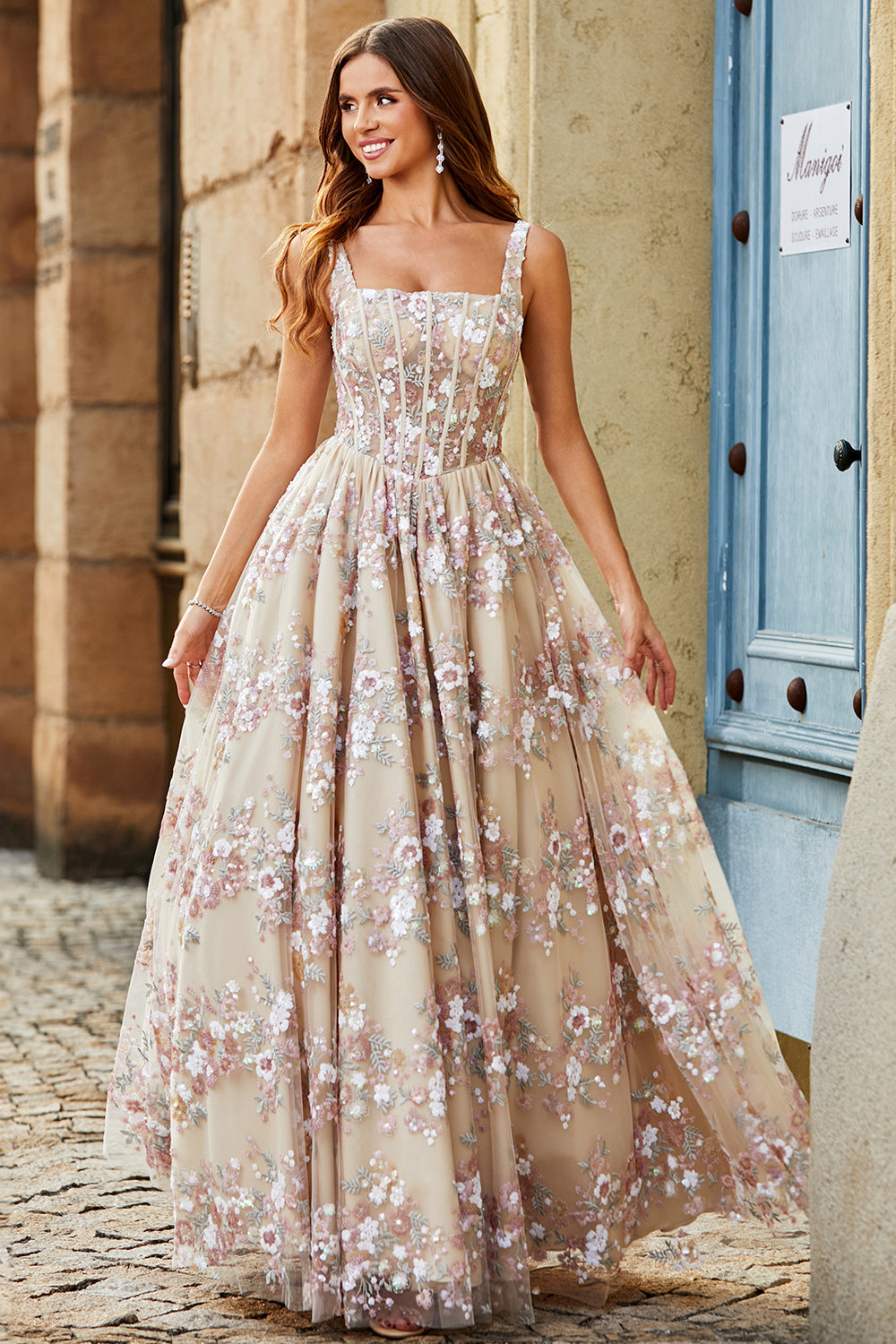 Charming A Line Square Neck Champagne Corset Prom Dress with Appliques