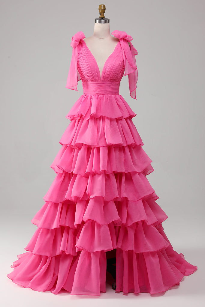Princess V-neck Satin Dresses with Pockets Fuchsia