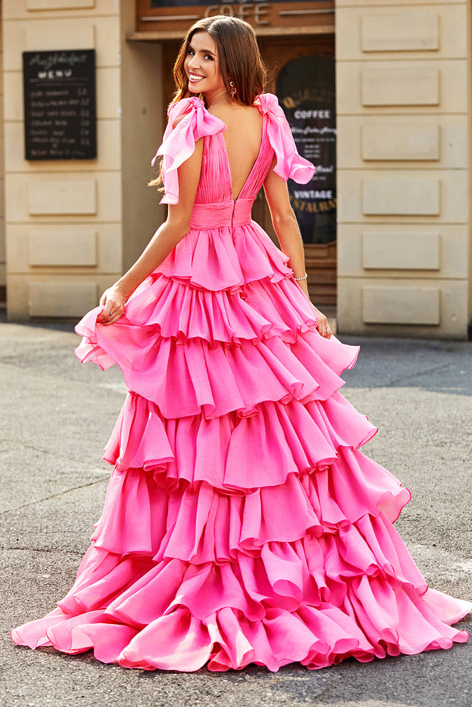 V-neck Pleated A-Line Tiered Ruffles Long Dress Fuchsia