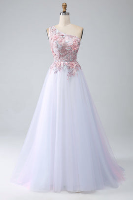 A-Line One Shoulder Pink Prom Dress with Appliques