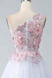 A-Line One Shoulder Pink Prom Dress with Appliques