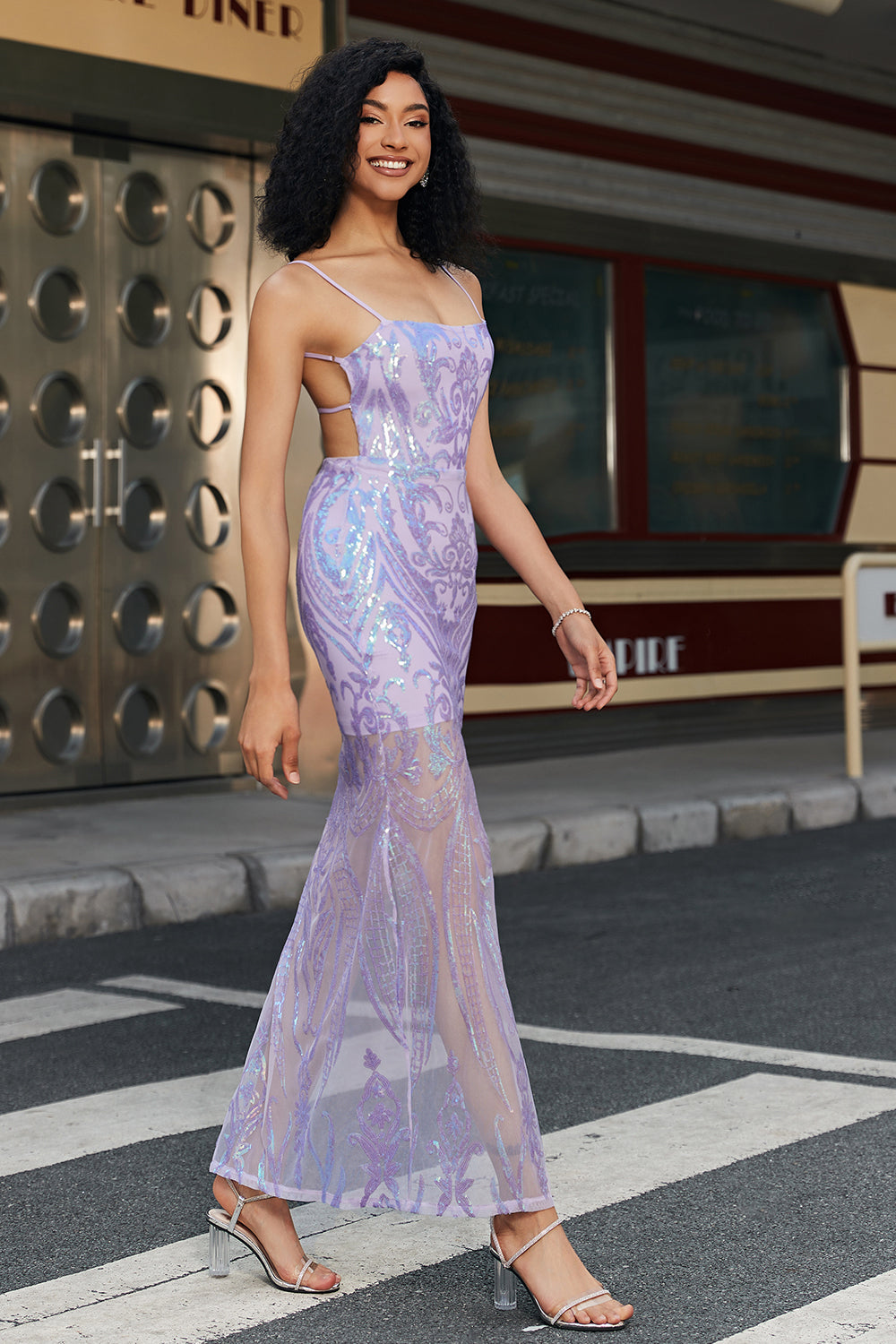 Trendy Sheath Spaghetti Straps Light Purple Long Prom Dress with Backless