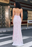 Trendy Sheath Spaghetti Straps Pink Long Prom Dress with Split Front
