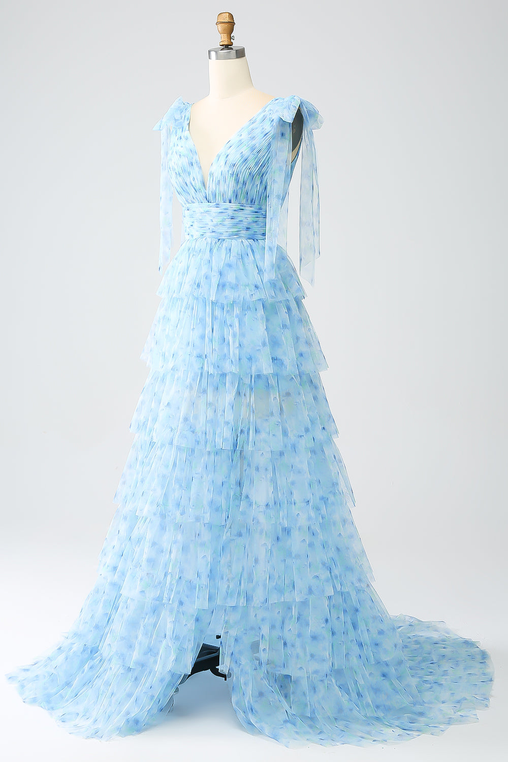A-Line V-Neck Light Blue Tiered Prom Dress