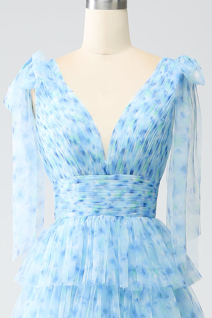 Appliques V Neck Light Blue Prom Dress