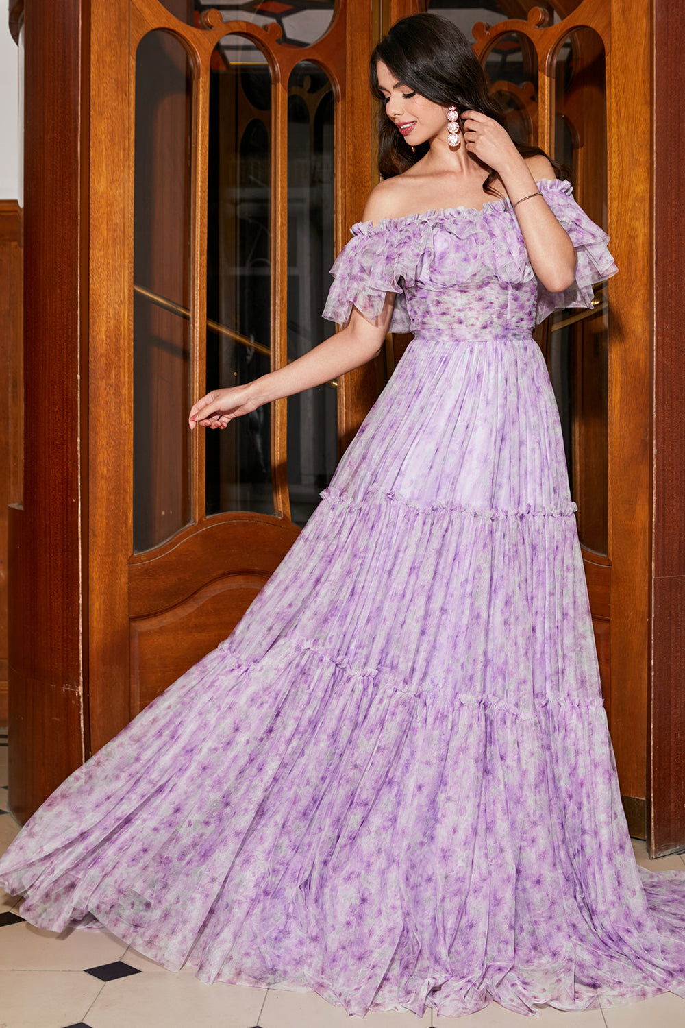Zapakasa Women Lilac Floral Long Ruffled Prom Dress Off the Shoulder A-Line Formal Dress