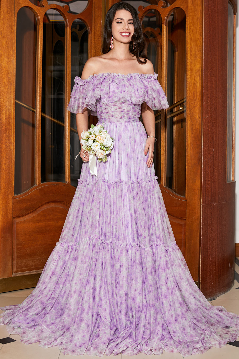 Zapakasa Women Lilac Floral Long Ruffled Prom Dress Off the Shoulder A-Line Formal Dress