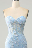 Light Blue Mermaid Sweetheart Corset Appliques Prom Dress With Side Slit