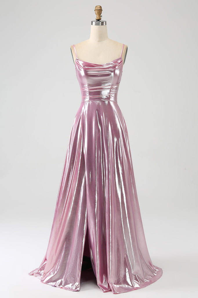 Elegant Pink Spaghetti-Strap A-Line Long Prom Dress Ideas, Evening Party Dresses, OLP1269