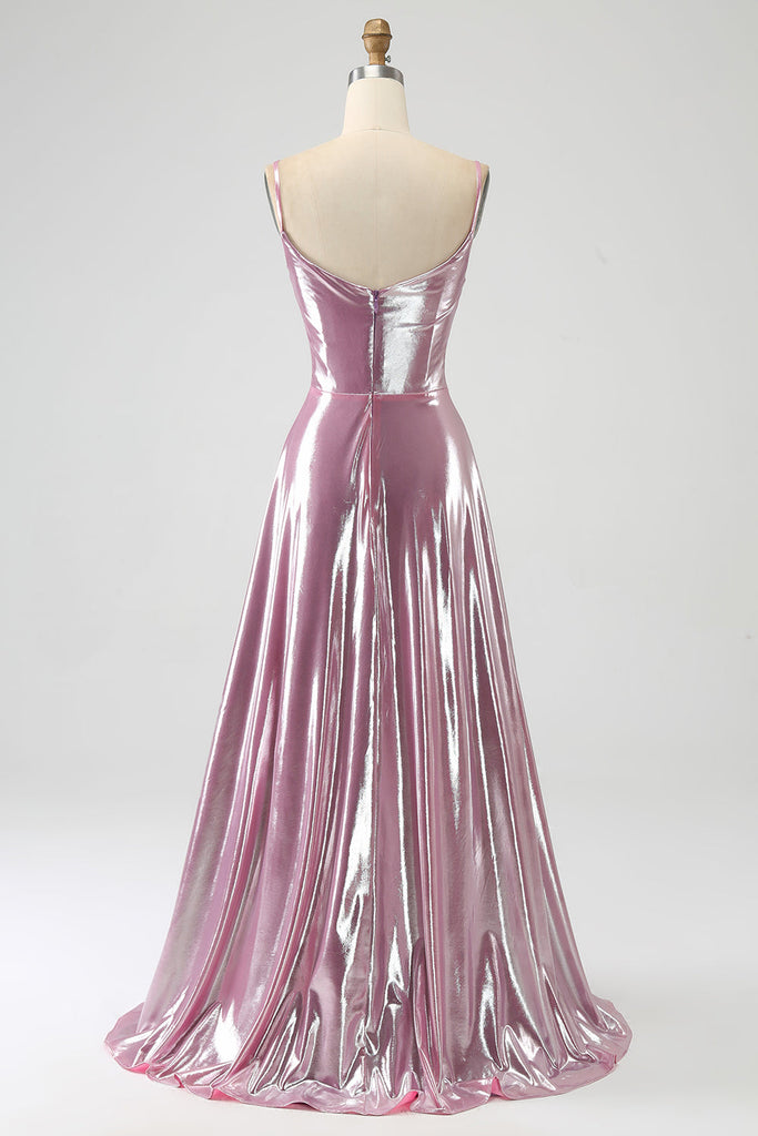 Spaghetti Straps Blush Pink Pleats Long Prom Dresses with Bowknow Back