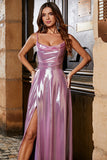Sparkly A Line Spaghetti Straps Pink Long Prom Dress with Split Front