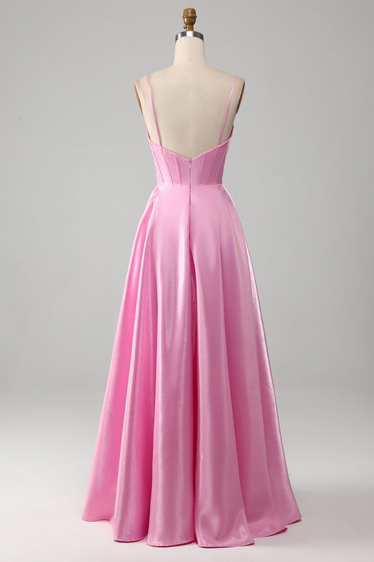 A-Line Spaghetti Straps Pink Prom Dress with Corset