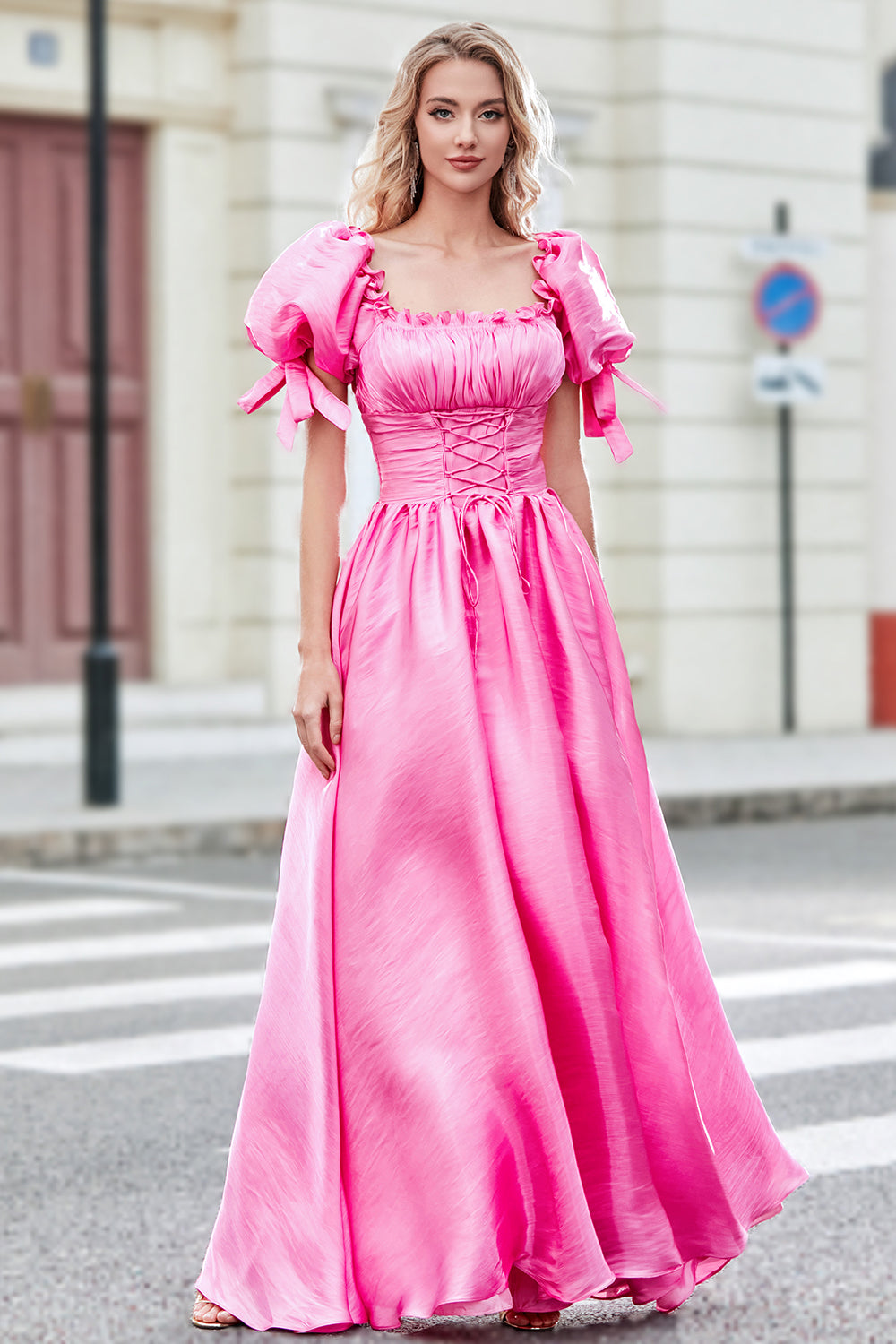 Zapakasa Women Hot Pink Prom Dress with Ruffles A-Line Puff Sleeves Party Dress Zapakasa Women Hot Pink Prom Dress with Ruffles A-Line Puff Sleeves Party Dress